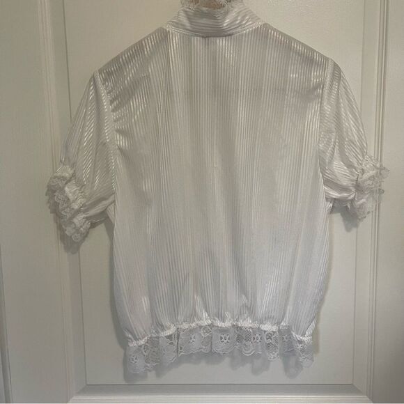 Vintage Mass Appeal Blouse Shimmer White US Large Ruffle Victorian Lace Dramatic - Picture 3 of 13